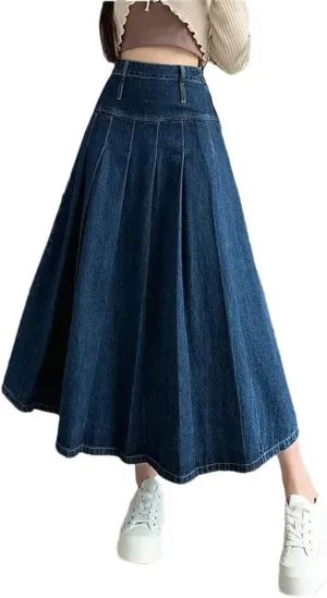 Women's Denim Skirts High Waist Loose Casual Comfortable Denim Midi Pleated Skirt