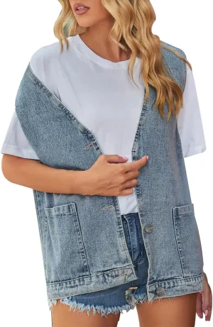 Womens Denim Vest Jacket Button Down Oversized Jean Gilet Loose Fit Sleeveless Comfy Vintage Cute Outerwear 2024 Winter