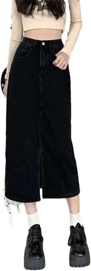 Women's Denim Wrap Skirts Retro High Waisted Split A-Line Denim Skirt