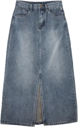 Women's Denim Wrap Skirts Retro High Waisted Split Skirt A-Line Denim Skirt Straight Skirt