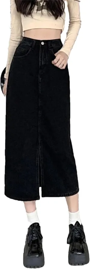 Women's Denim Wrap Skirts Retro High Waisted Split Skirt A-Line Denim Skirt Straight Skirt