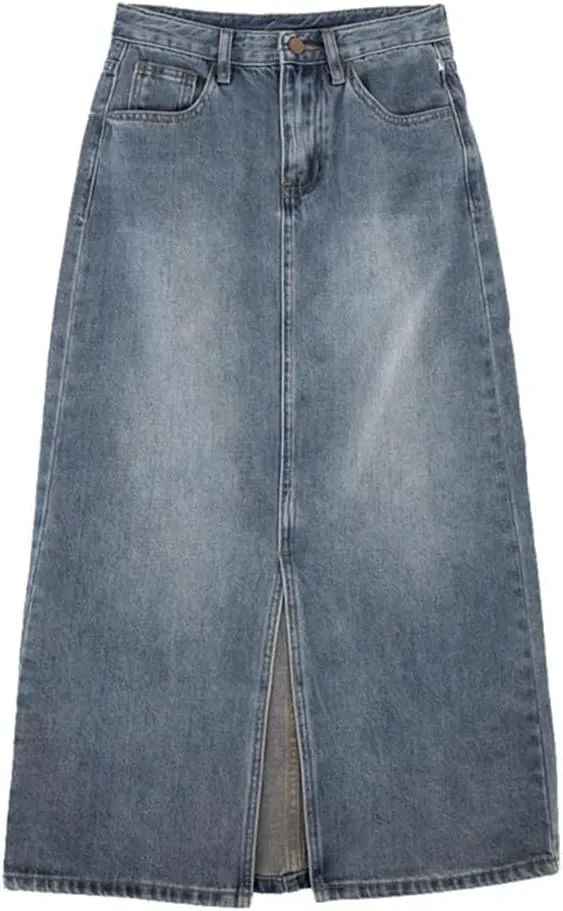 Women's Denim Wrap Skirts Retro High Waisted Split Skirt A-Line Denim Skirt Straight Skirt