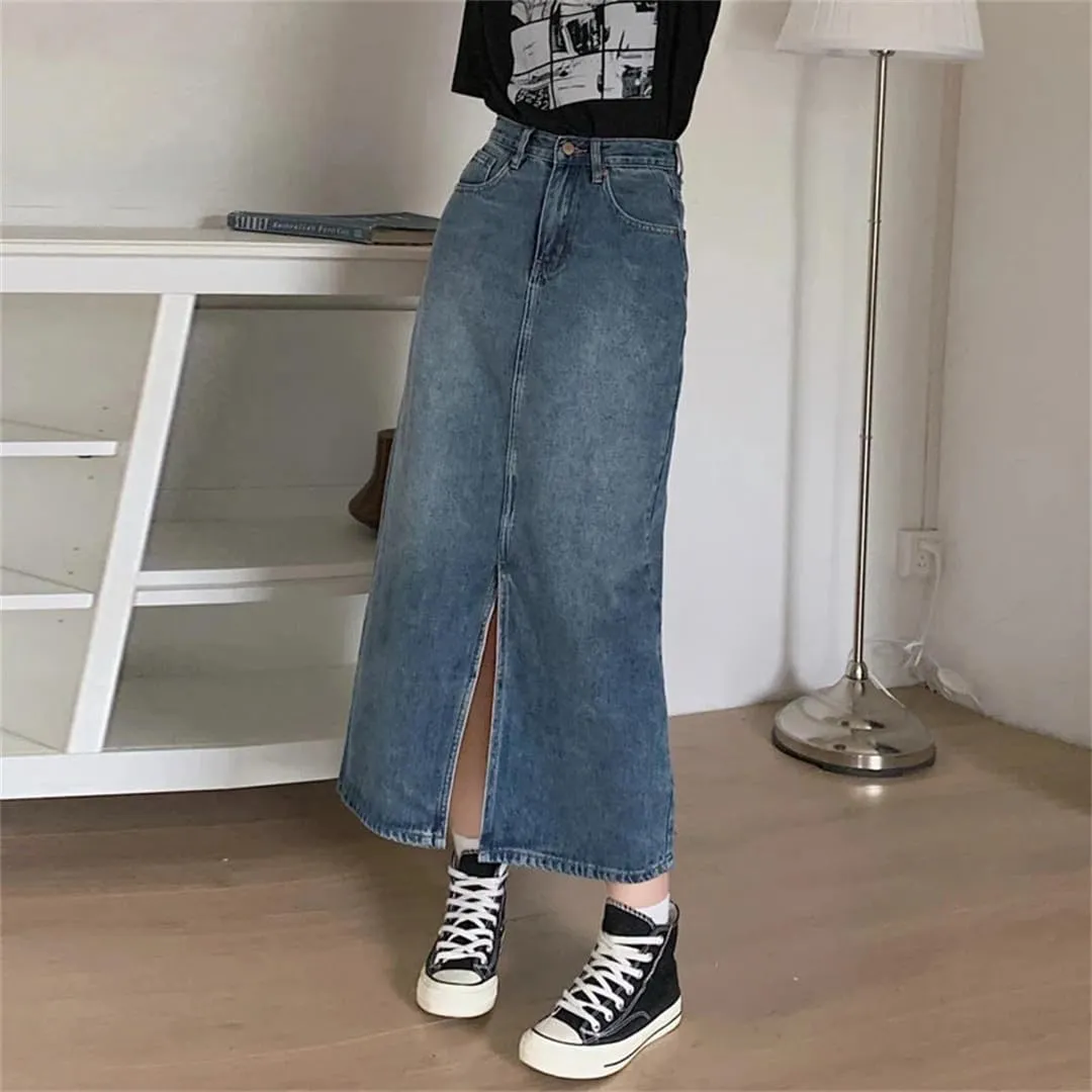 Women's Denim Wrap Skirts Retro High Waisted Split Skirt A-Line Denim Skirt Straight Skirt