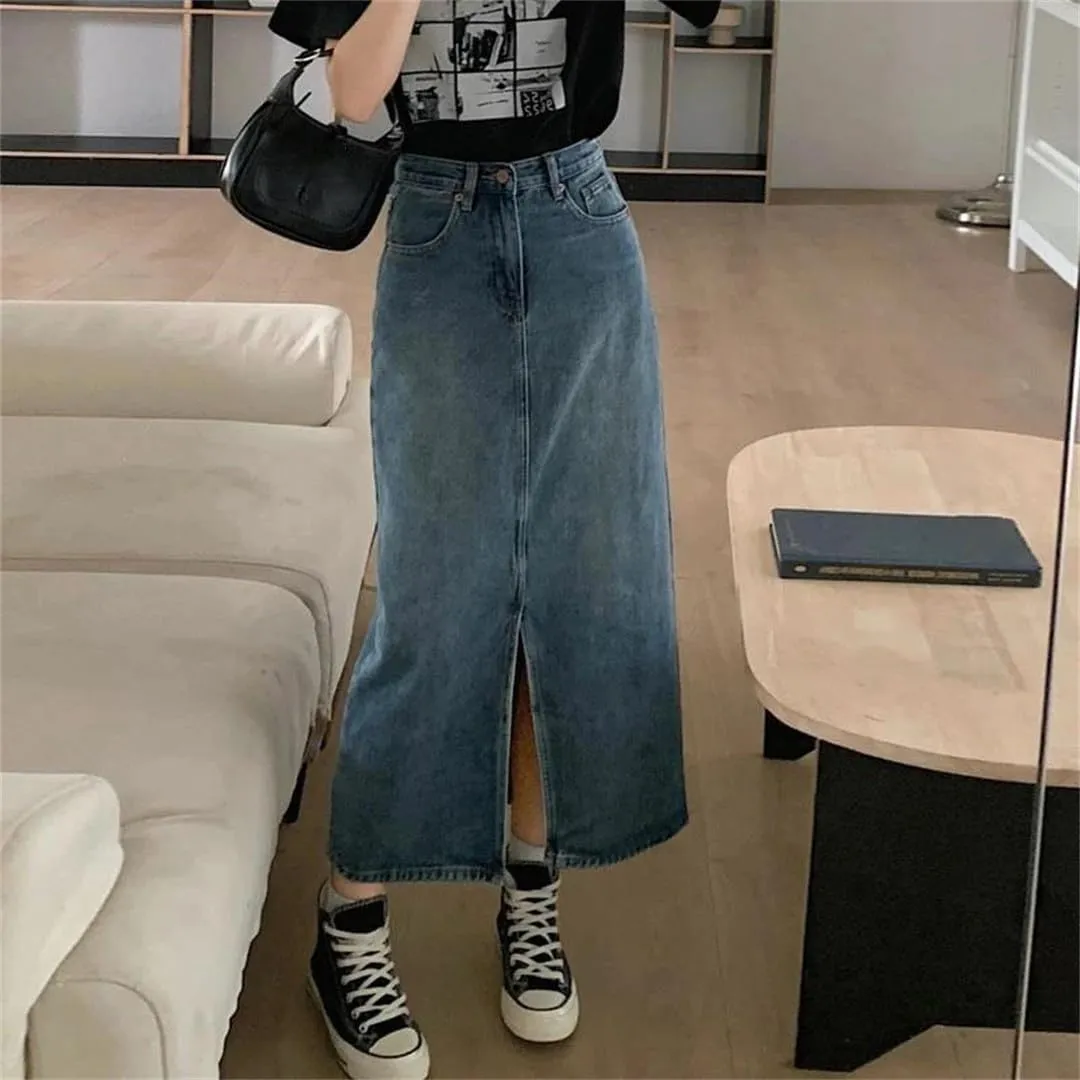 Women's Denim Wrap Skirts Retro High Waisted Split Skirt A-Line Denim Skirt Straight Skirt