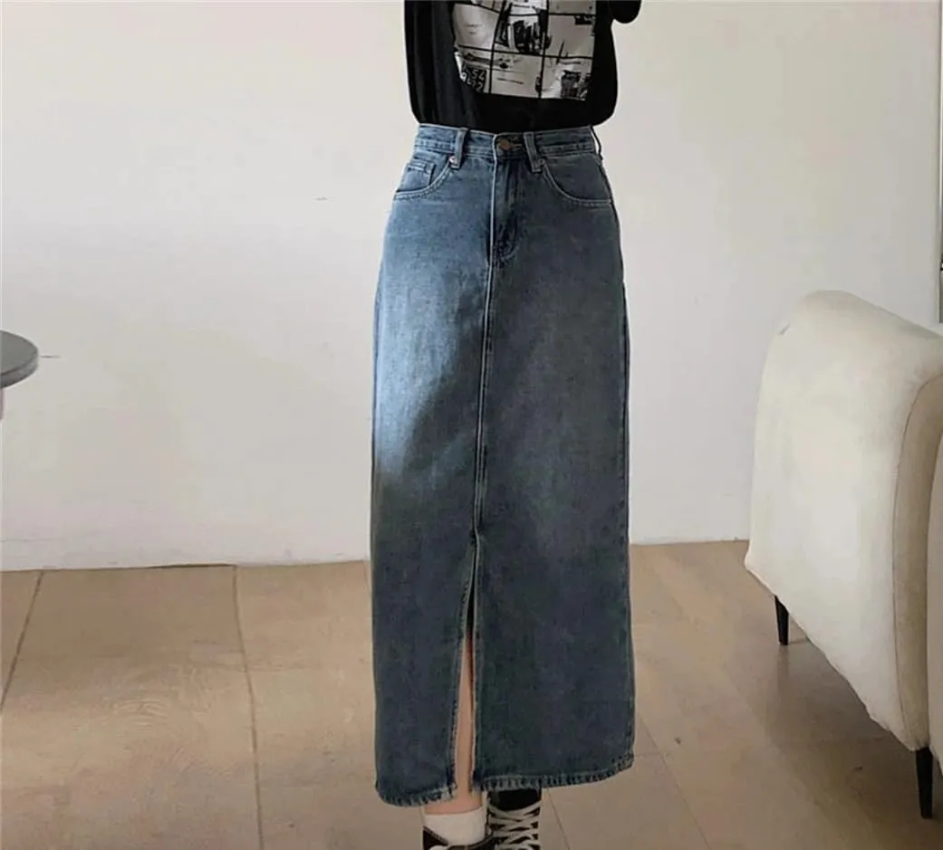 Women's Denim Wrap Skirts Retro High Waisted Split Skirt A-Line Denim Skirt Straight Skirt