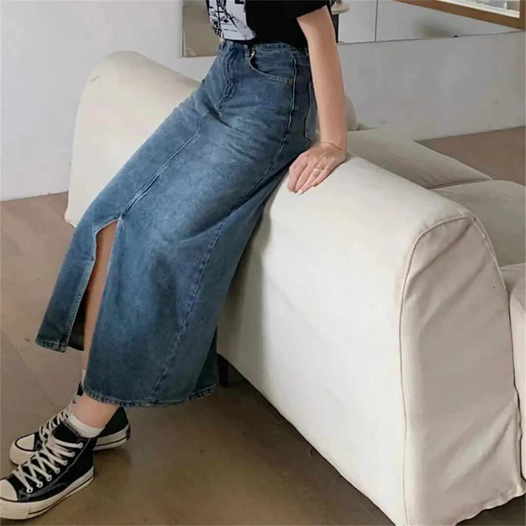 Women's Denim Wrap Skirts Retro High Waisted Split Skirt A-Line Denim Skirt Straight Skirt