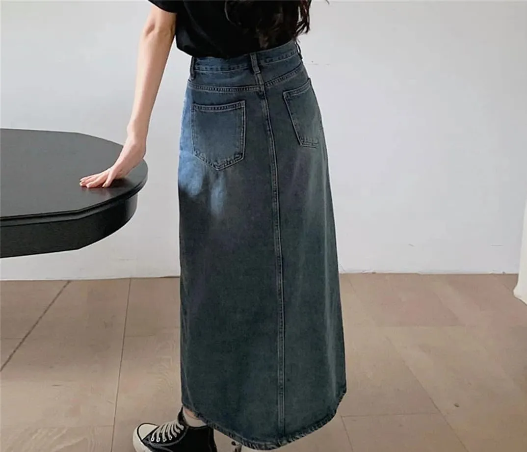 Women's Denim Wrap Skirts Retro High Waisted Split Skirt A-Line Denim Skirt Straight Skirt