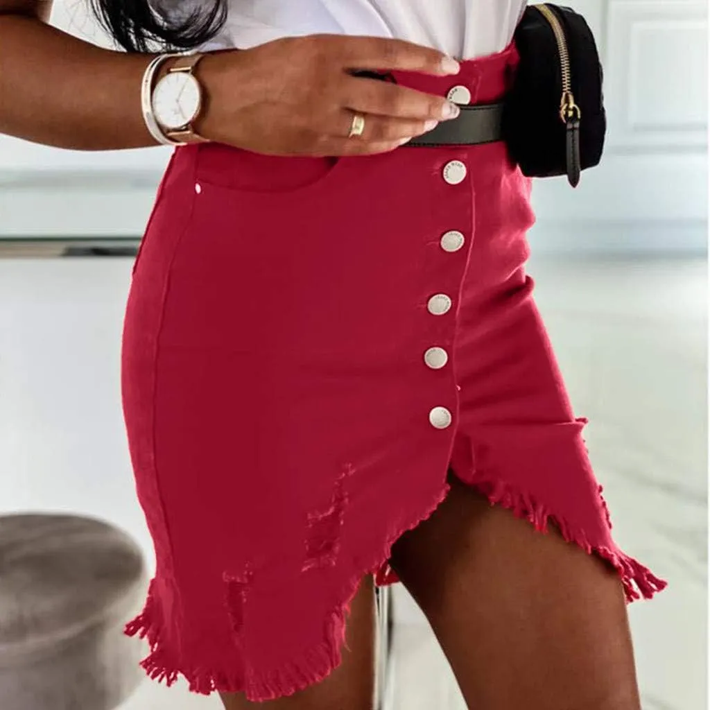 Women's Distressed Denim Mini Skirt Button-Fly Front Split Sexy Pencil Skirts High Waisted Bodycon Skirt