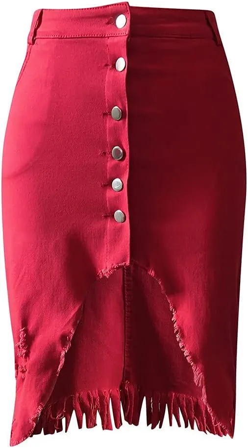 Women's Distressed Denim Mini Skirt Button-Fly Front Split Sexy Pencil Skirts High Waisted Bodycon Skirt