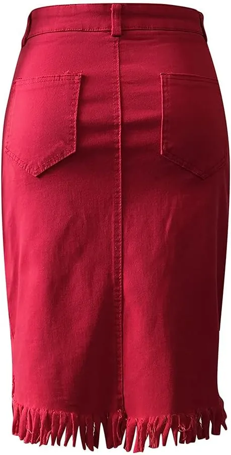 Women's Distressed Denim Mini Skirt Button-Fly Front Split Sexy Pencil Skirts High Waisted Bodycon Skirt