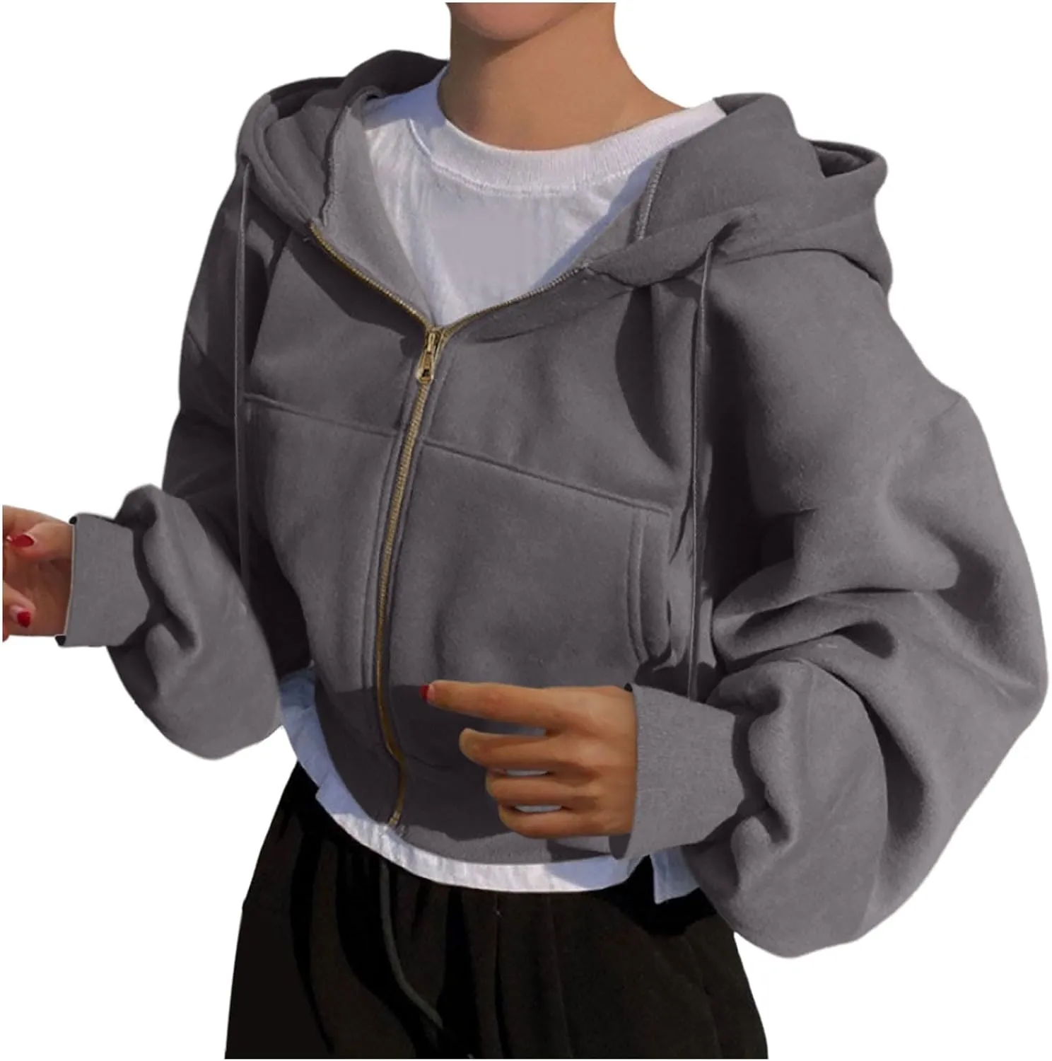 Women's Drawstring Crop Hoodies Full Zip Long Sleeve Short Hooded Sweatshirts Oversized Pullover Tops with Pockets