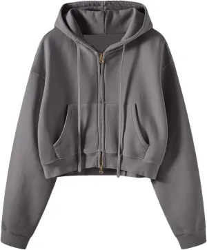 Women's Drawstring Crop Hoodies Full Zip Long Sleeve Short Hooded Sweatshirts Oversized Pullover Tops with Pockets