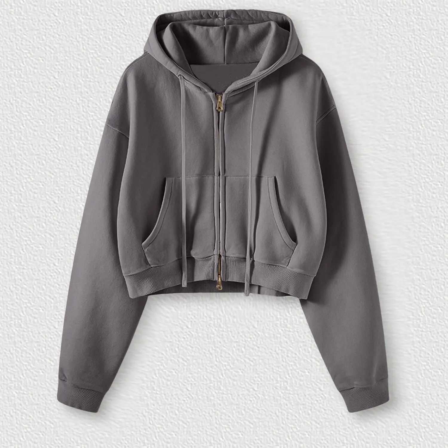 Women's Drawstring Crop Hoodies Full Zip Long Sleeve Short Hooded Sweatshirts Oversized Pullover Tops with Pockets