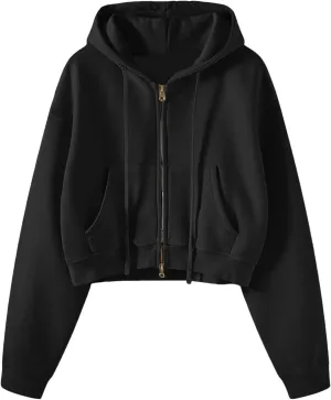 Women's Drawstring Crop Hoodies Full Zip Long Sleeve Short Hooded Sweatshirts Oversized Pullover Tops with Pockets