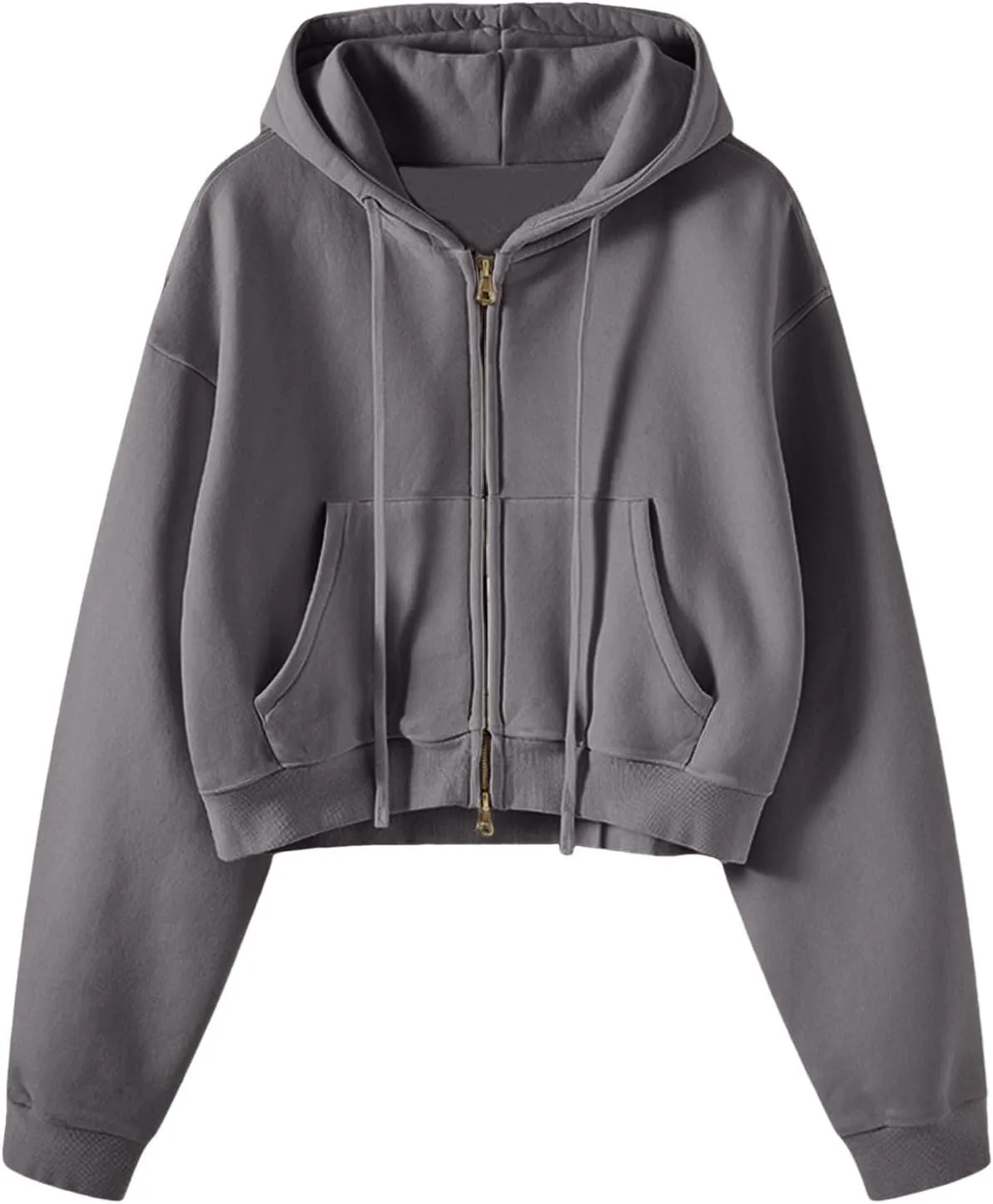 Women's Drawstring Crop Hoodies Full Zip Long Sleeve Short Hooded Sweatshirts Oversized Pullover Tops with Pockets