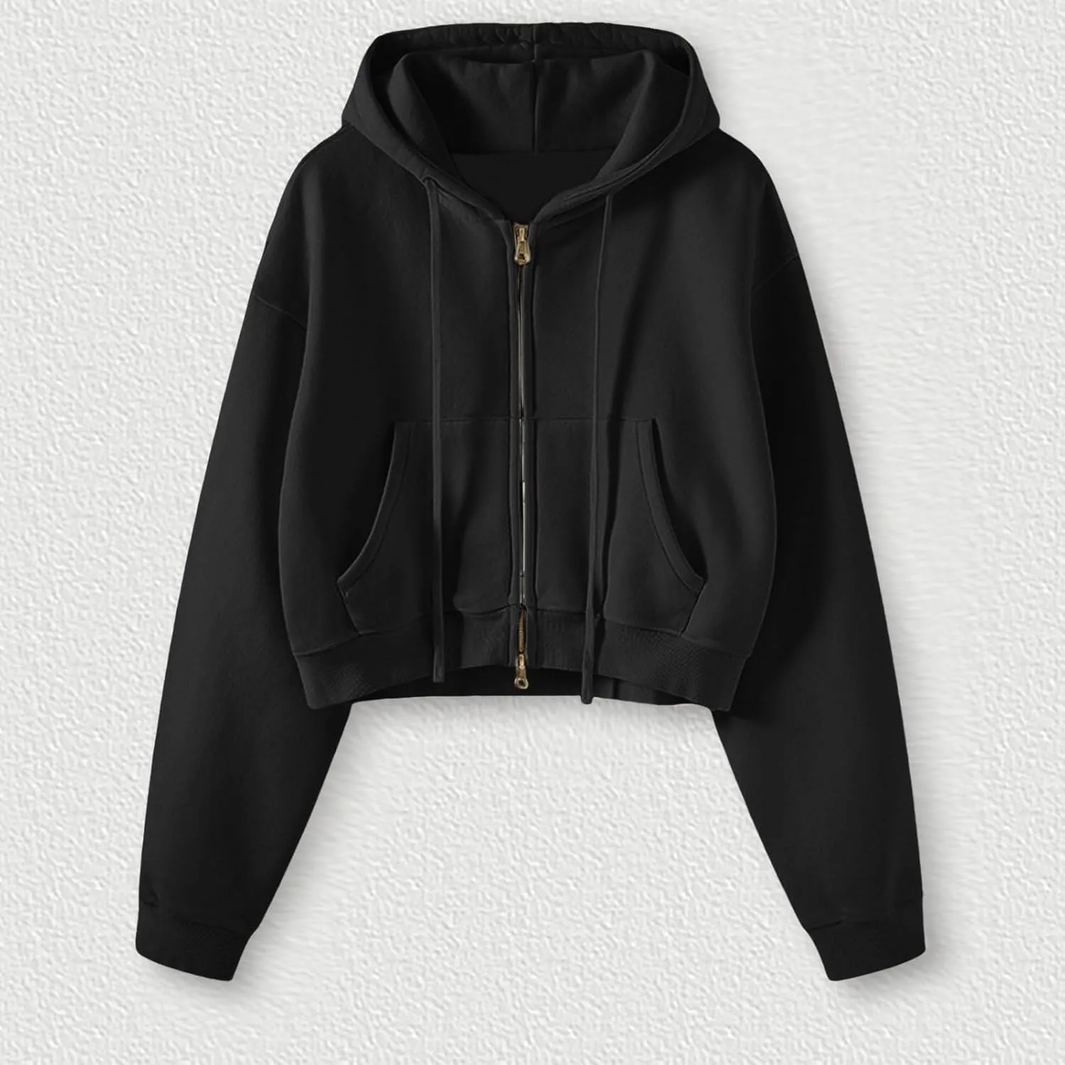 Women's Drawstring Crop Hoodies Full Zip Long Sleeve Short Hooded Sweatshirts Oversized Pullover Tops with Pockets