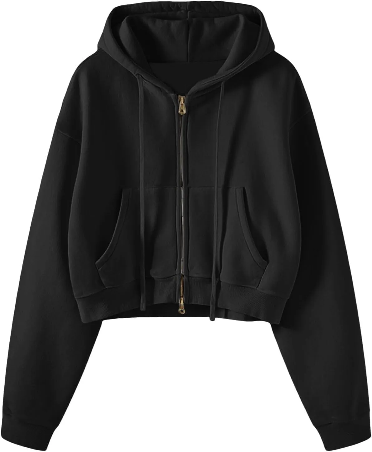 Women's Drawstring Crop Hoodies Full Zip Long Sleeve Short Hooded Sweatshirts Oversized Pullover Tops with Pockets