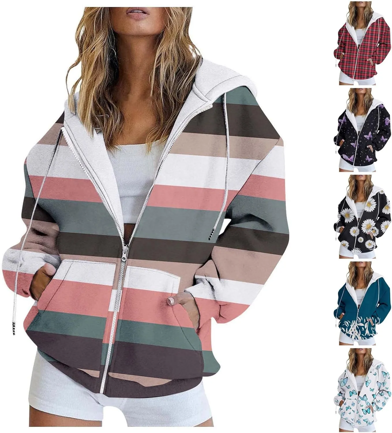 Women's Drawstring Long Sleeve Hoodies Zip Up Sweatshirt Full-Zip Fleece Hoodie Available In Large and Tall Sizes