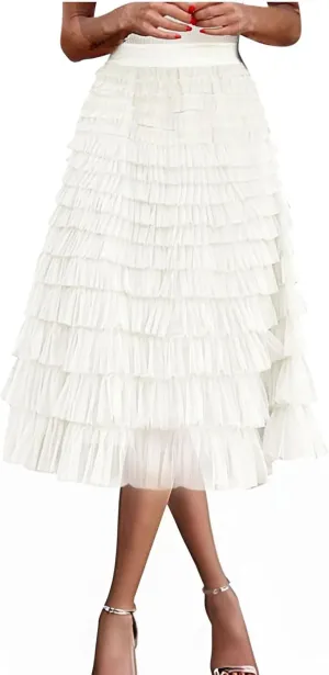 Women's Fairy Tulle Midi Skirt Sweet Elastic High Waist A-Line Ruffle Tiered Layered Mesh Puffy Long Maxi Skirt