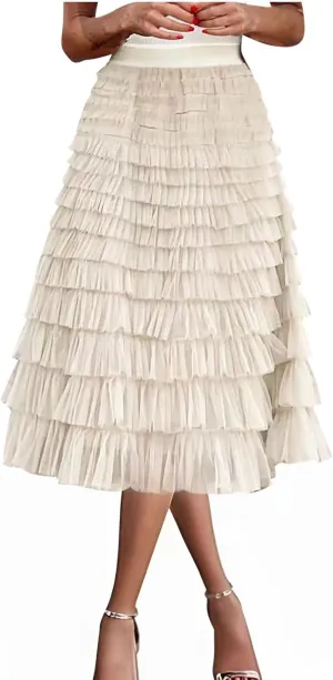 Women's Fairy Tulle Midi Skirt Sweet Elastic High Waist A-Line Ruffle Tiered Layered Mesh Puffy Long Maxi Skirt