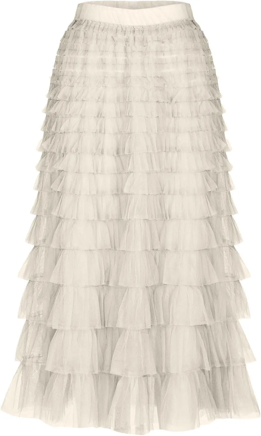 Women's Fairy Tulle Midi Skirt Sweet Elastic High Waist A-Line Ruffle Tiered Layered Mesh Puffy Long Maxi Skirt