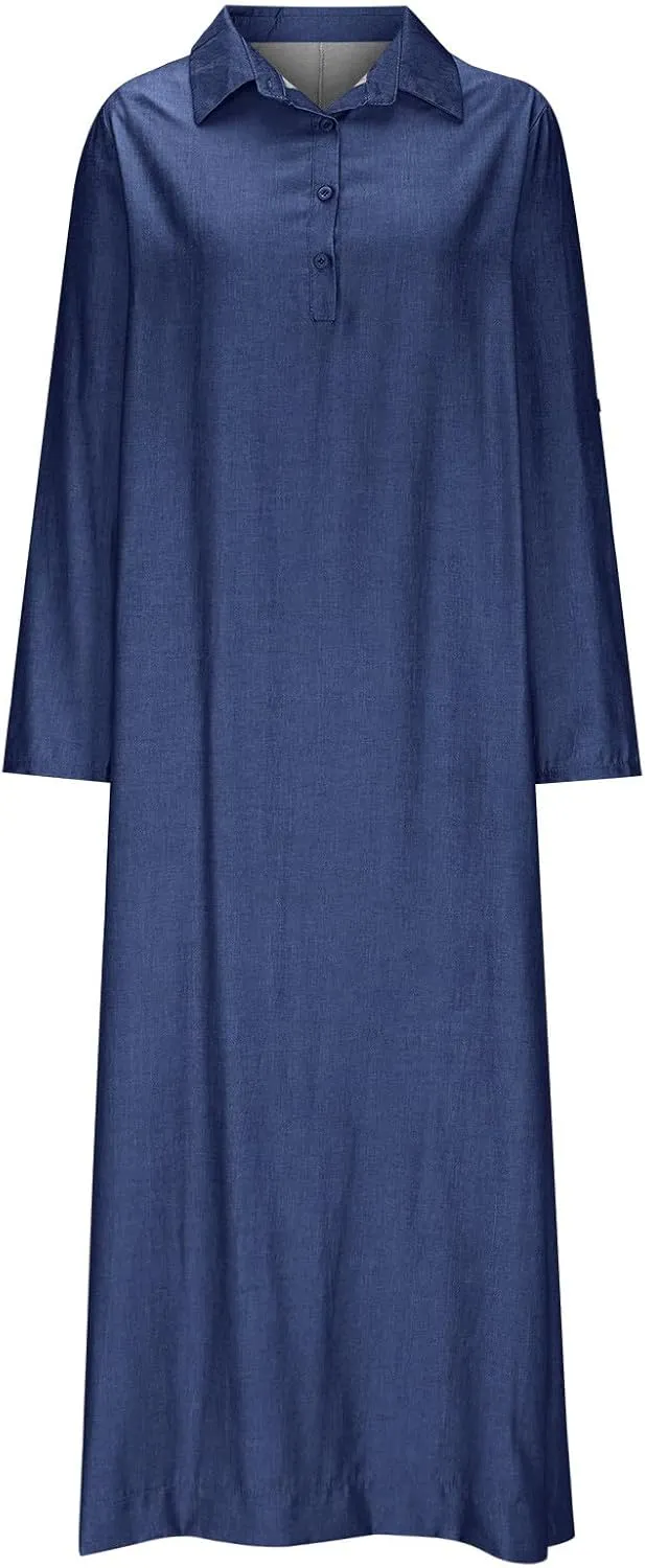 Women's Fashion Denim Dress New Shirt Collar Denim Button Long Skirt Outfit Plus Size Denim Dresses Summer Casual Shirt Dress