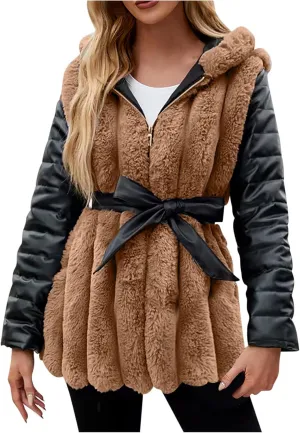 Womens Faux Fur Jacket Faux Leather Long Sleeve Shearling Fleece Patchwork Coat Zipper Up Hooded Parka Outwear with Belt