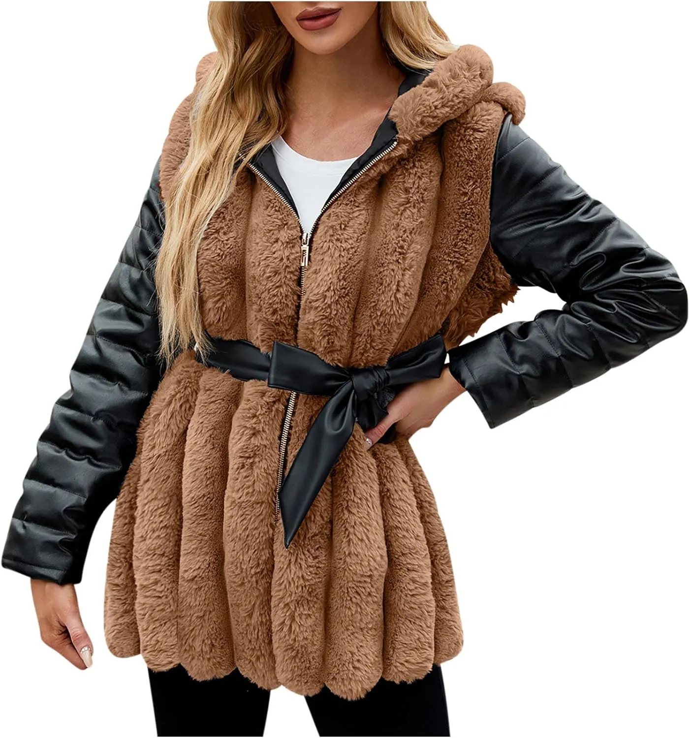 Womens Faux Fur Jacket Faux Leather Long Sleeve Shearling Fleece Patchwork Coat Zipper Up Hooded Parka Outwear with Belt