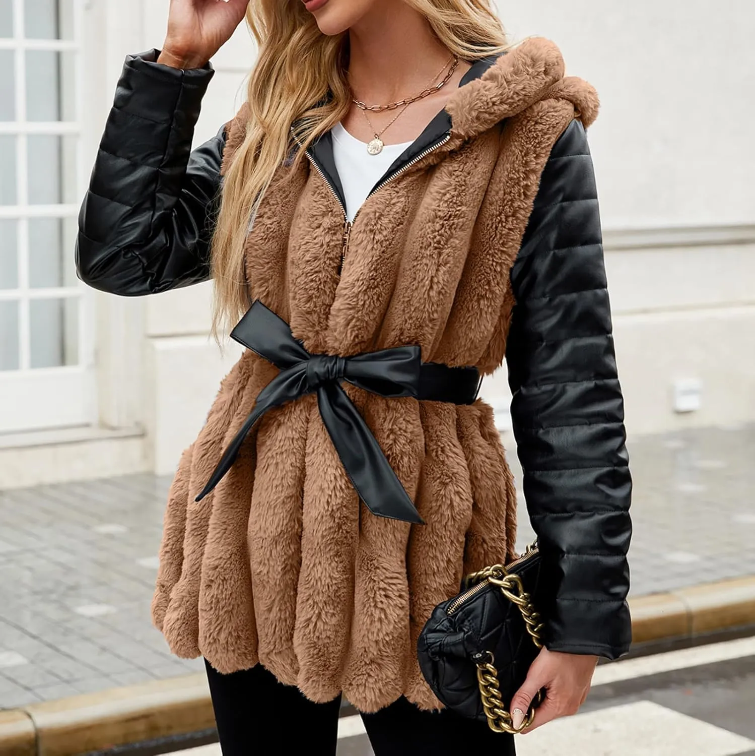 Womens Faux Fur Jacket Faux Leather Long Sleeve Shearling Fleece Patchwork Coat Zipper Up Hooded Parka Outwear with Belt