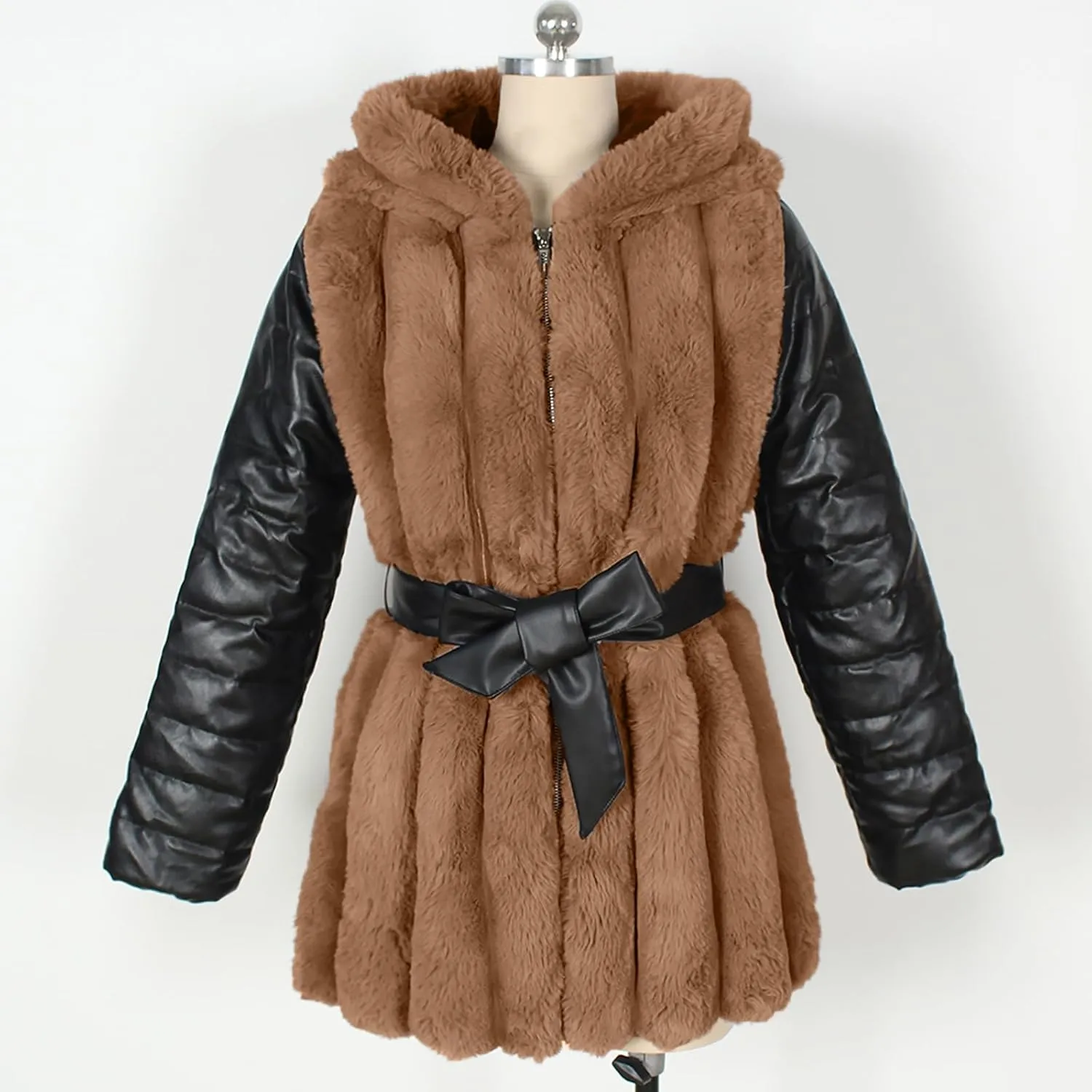Womens Faux Fur Jacket Faux Leather Long Sleeve Shearling Fleece Patchwork Coat Zipper Up Hooded Parka Outwear with Belt