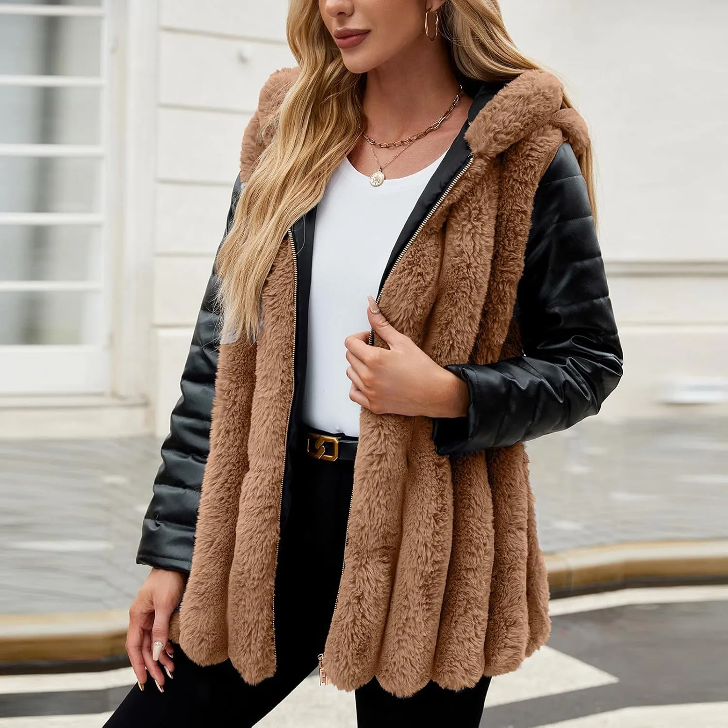 Womens Faux Fur Jacket Faux Leather Long Sleeve Shearling Fleece Patchwork Coat Zipper Up Hooded Parka Outwear with Belt