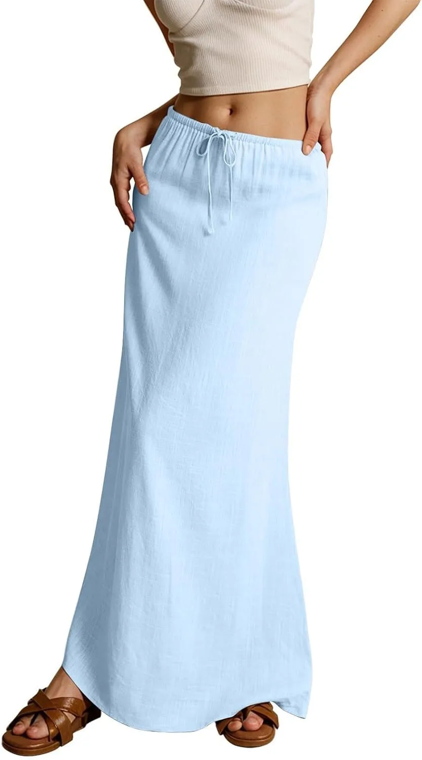 Womens Flared Maxi Skirt Summer Lightweight Drawstring High Waisted Skort Casual Breathable Solid Color A Line Skirt