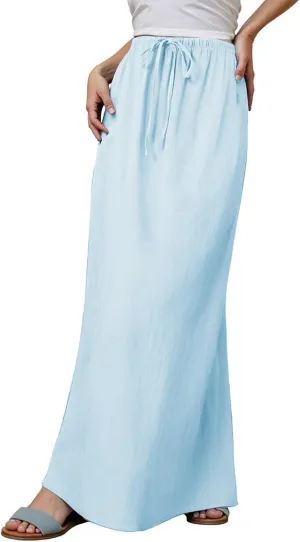 Womens Flared Maxi Skirt Summer Lightweight Drawstring High Waisted Skort Casual Breathable Solid Color A Line Skirt