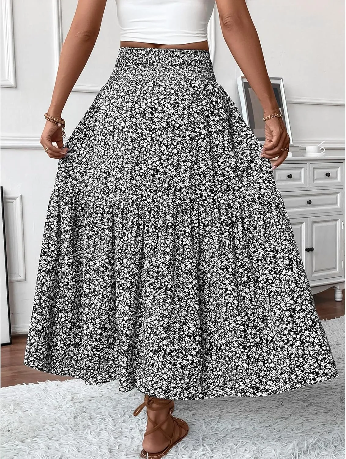 Women's Floral Maxi Skirts Summer Print Elastic High Waisted Ruffle Hem Skorts Casual Flowy Boho Long Beach Skirts