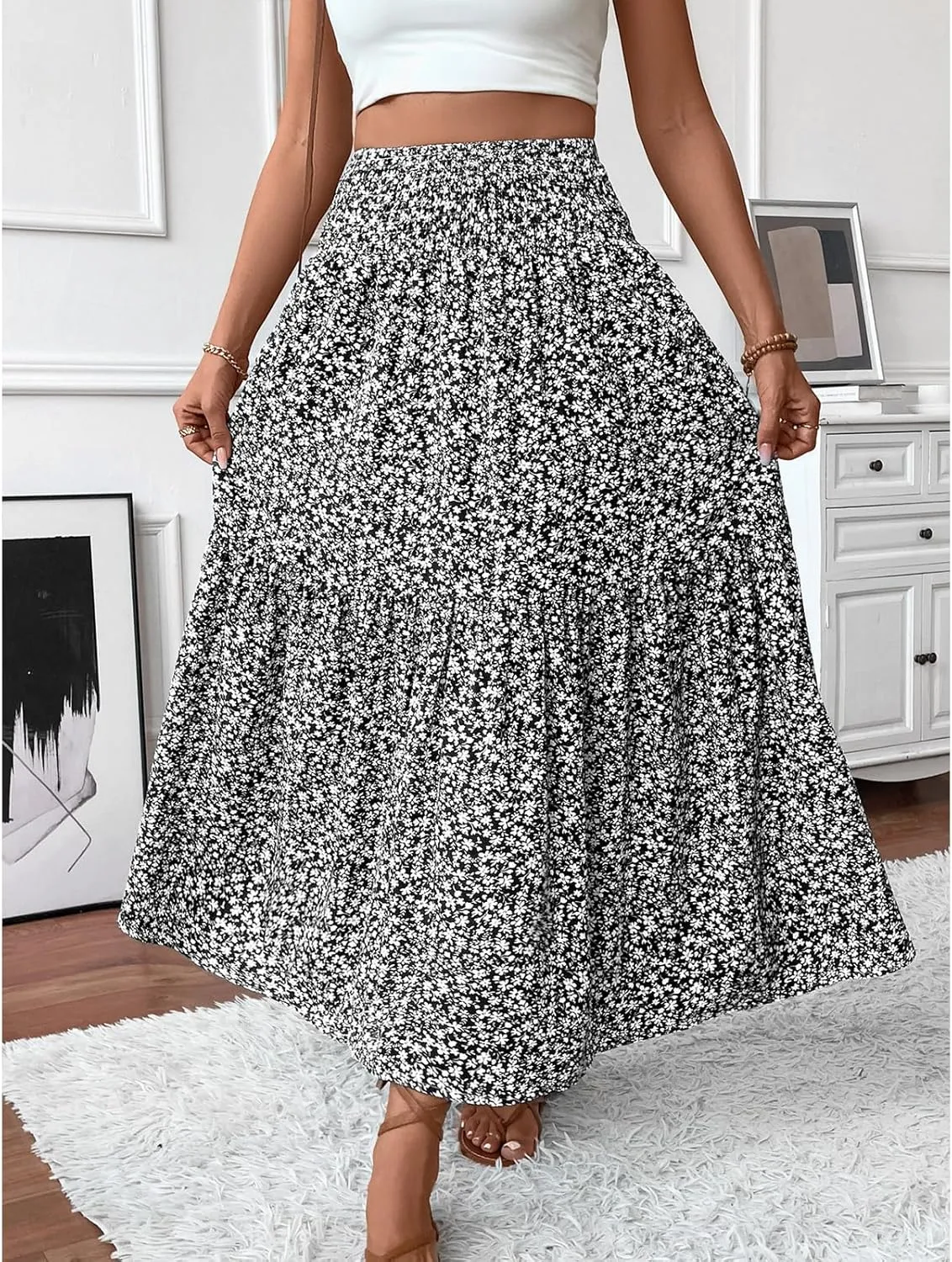 Women's Floral Maxi Skirts Summer Print Elastic High Waisted Ruffle Hem Skorts Casual Flowy Boho Long Beach Skirts