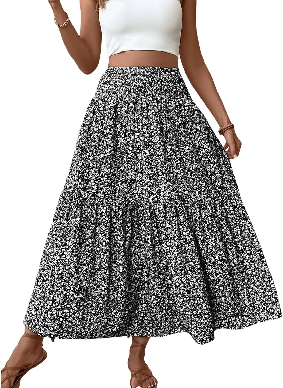 Women's Floral Maxi Skirts Summer Print Elastic High Waisted Ruffle Hem Skorts Casual Flowy Boho Long Beach Skirts