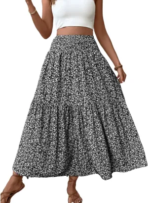 Women's Floral Maxi Skirts Summer Print Elastic High Waisted Ruffle Hem Skorts Casual Flowy Boho Long Beach Skirts