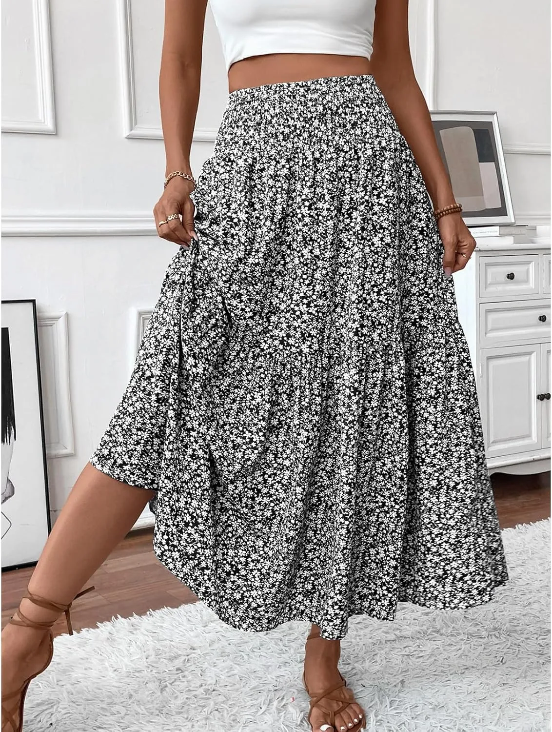 Women's Floral Maxi Skirts Summer Print Elastic High Waisted Ruffle Hem Skorts Casual Flowy Boho Long Beach Skirts