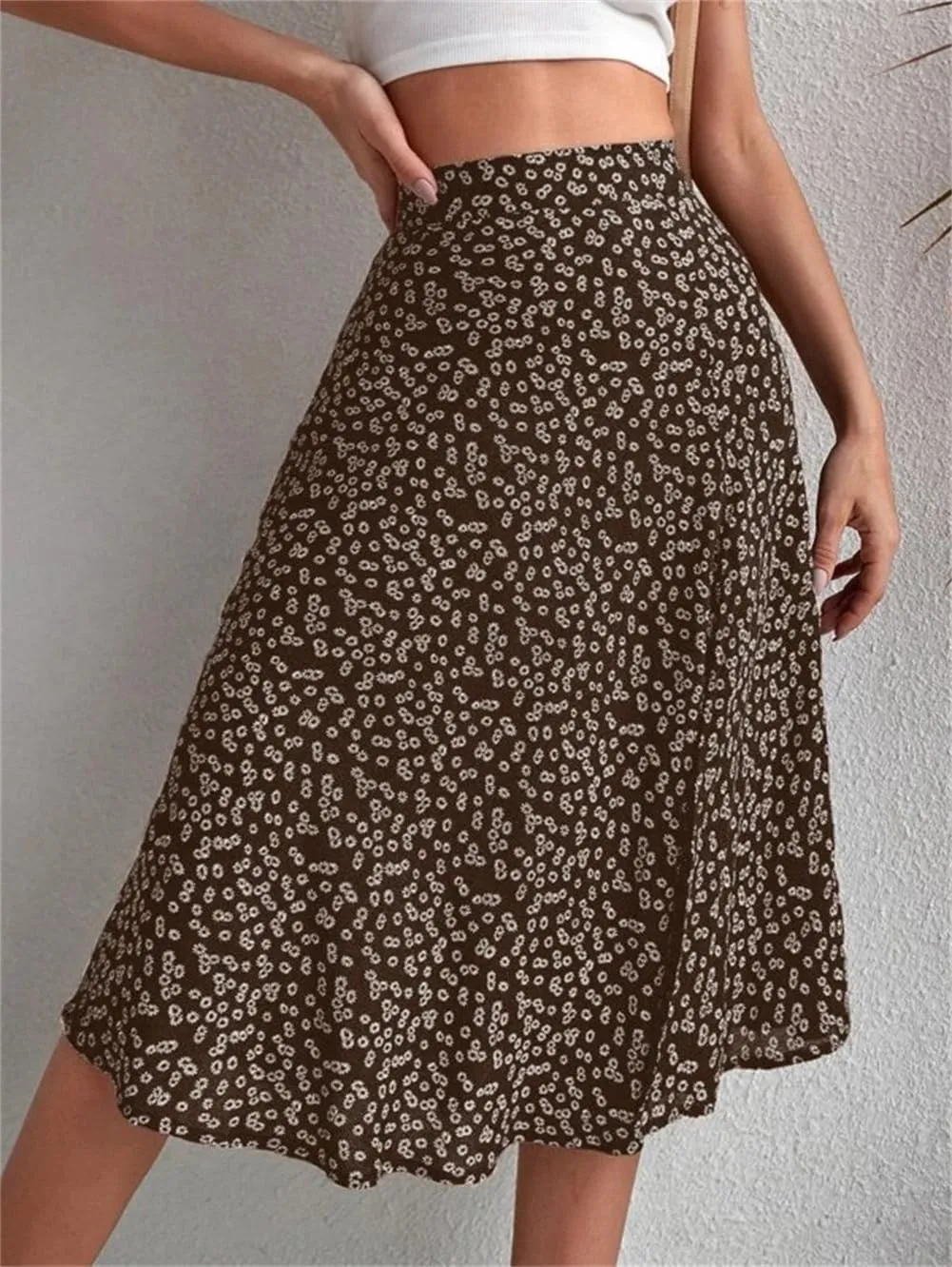 Women's Floral Skirt Slit A-Line Hip Cover Mid-Waist Long Skirt, Pleated A-Line Mid-Length Skirt