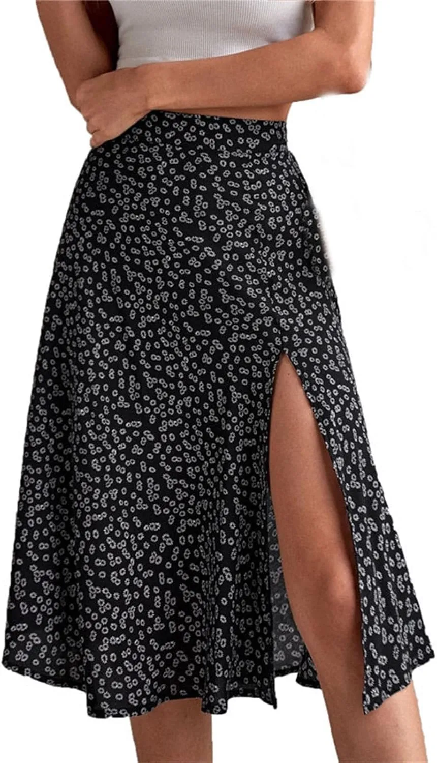 Women's Floral Skirt Slit A-Line Hip Cover Mid-Waist Long Skirt, Pleated A-Line Mid-Length Skirt