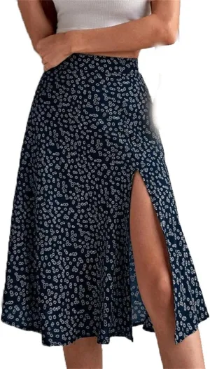 Women's Floral Skirt Slit A-Line Hip Cover Mid-Waist Long Skirt, Pleated A-Line Mid-Length Skirt