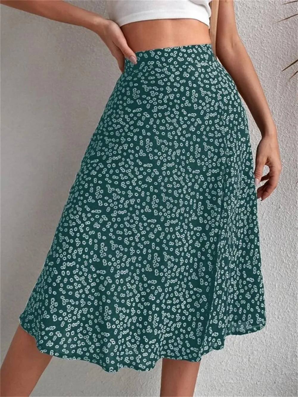 Women's Floral Skirt Slit A-Line Hip Cover Mid-Waist Long Skirt, Pleated A-Line Mid-Length Skirt