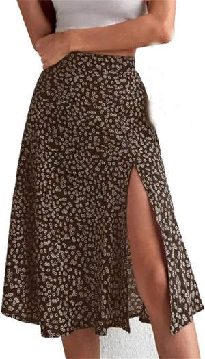 Women's Floral Skirt Slit A-Line Hip Cover Mid-Waist Long Skirt, Pleated A-Line Mid-Length Skirt