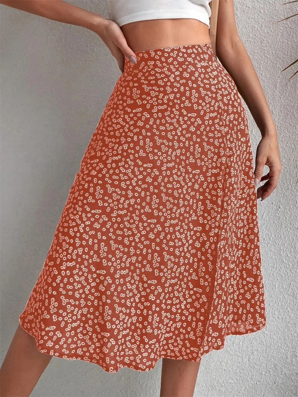 Women's Floral Skirt Slit A-Line Hip Cover Mid-Waist Long Skirt, Pleated A-Line Mid-Length Skirt