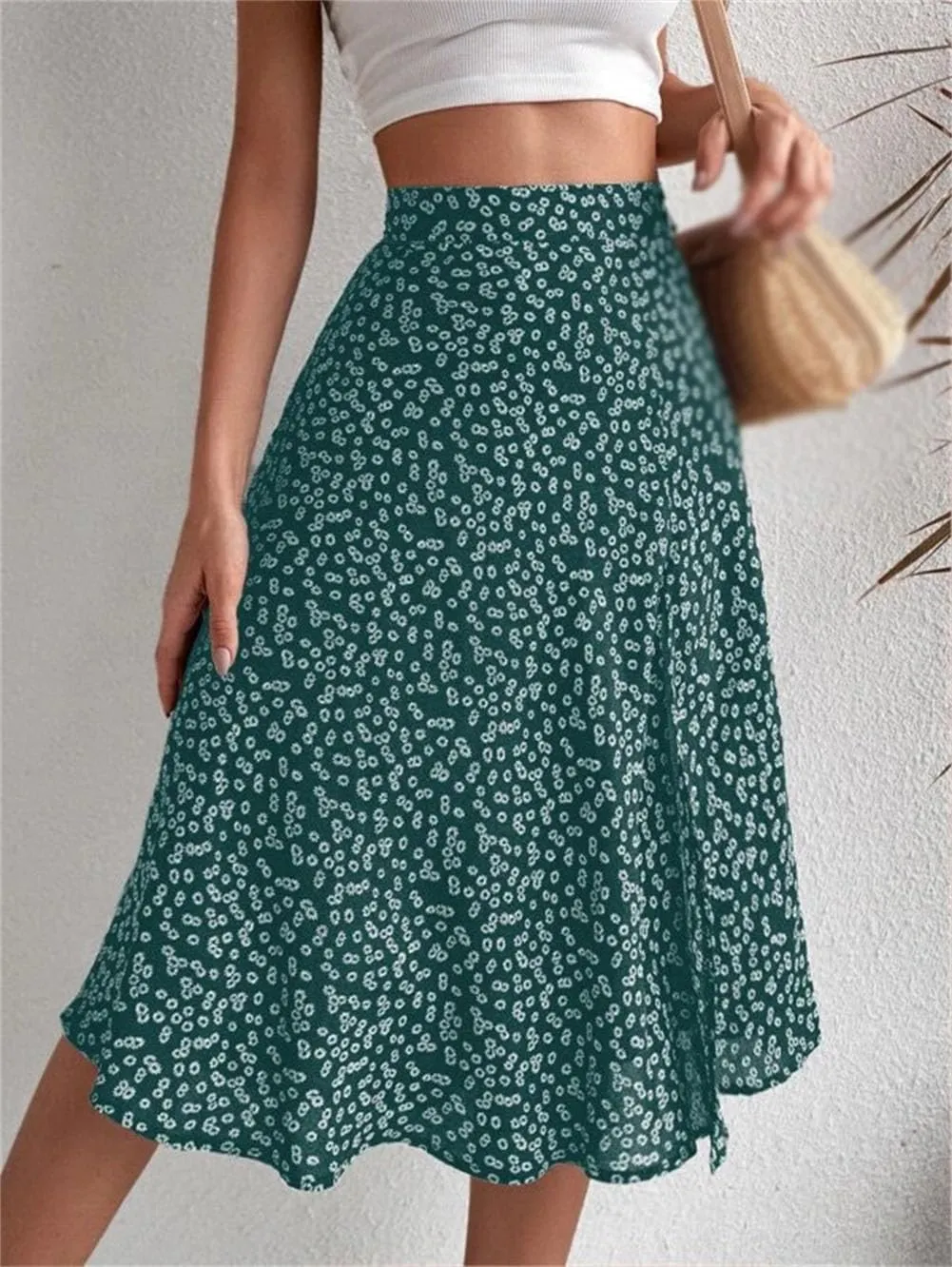 Women's Floral Skirt Slit A-Line Hip Cover Mid-Waist Long Skirt, Pleated A-Line Mid-Length Skirt