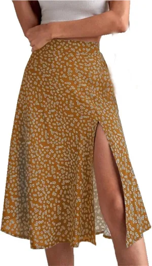 Women's Floral Skirt Slit A-Line Hip Cover Mid-Waist Long Skirt, Pleated A-Line Mid-Length Skirt