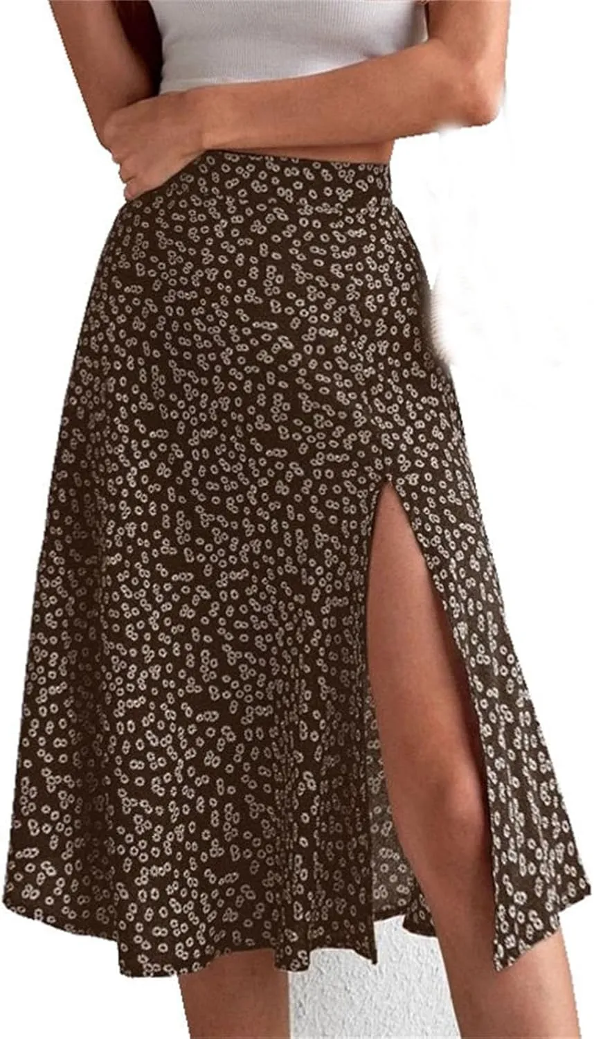 Women's Floral Skirt Slit A-Line Hip Cover Mid-Waist Long Skirt, Pleated A-Line Mid-Length Skirt