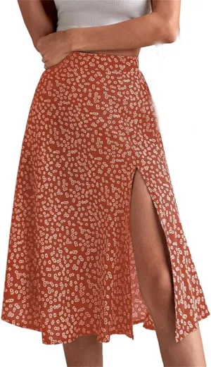 Women's Floral Skirt Slit A-Line Hip Cover Mid-Waist Long Skirt, Pleated A-Line Mid-Length Skirt