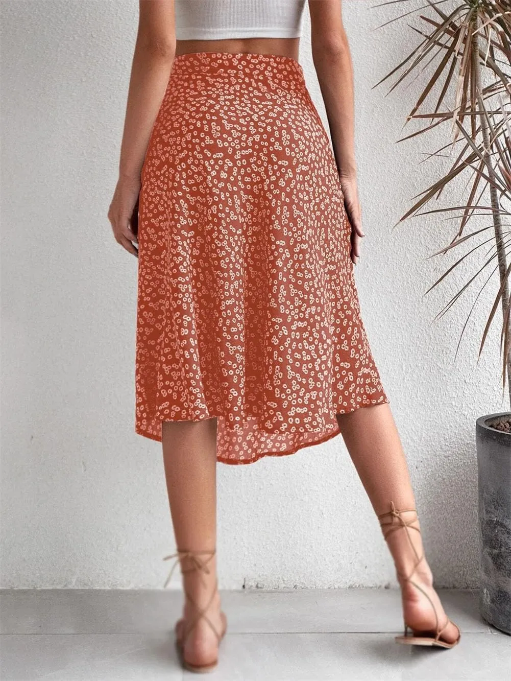 Women's Floral Skirt Slit A-Line Hip Cover Mid-Waist Long Skirt, Pleated A-Line Mid-Length Skirt
