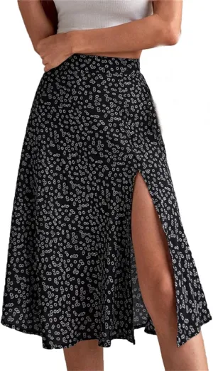 Women's Floral Skirt Slit A-Line Hip Cover Mid-Waist Long Skirt, Pleated A-Line Mid-Length Skirt